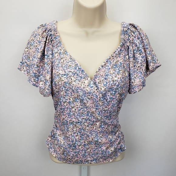 ASTR faux wrap floral flutter sleeve flirty top XS linen blend girly - Picture 1 of 12